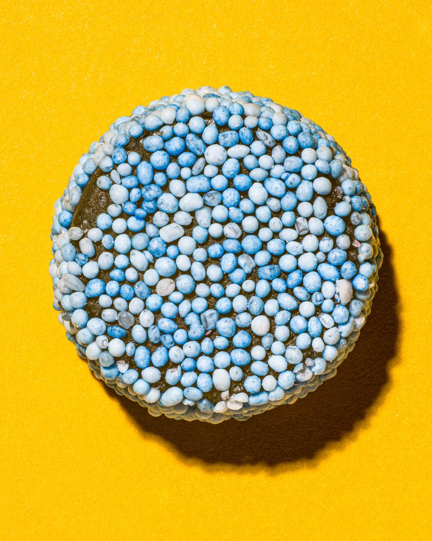 Round chocolate cookie coated in blue and white speckled sugar beads, on a yellow background