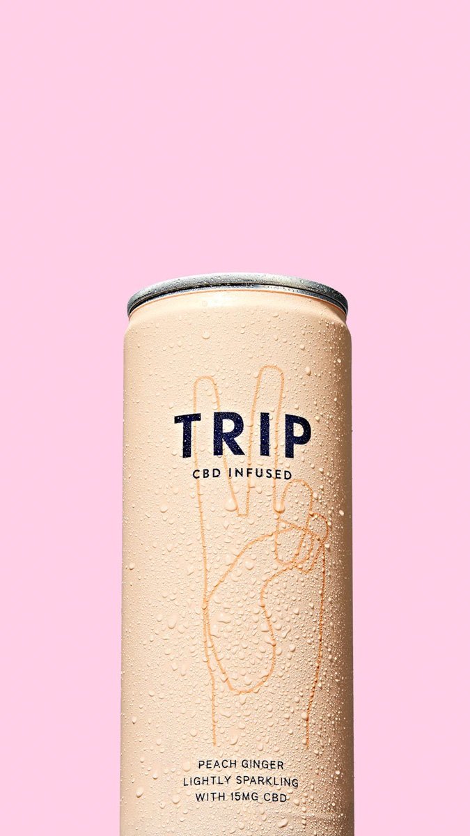 Chilled can of TRIP CBD infused Peach Ginger lightly sparkling drink with 15mg CBD