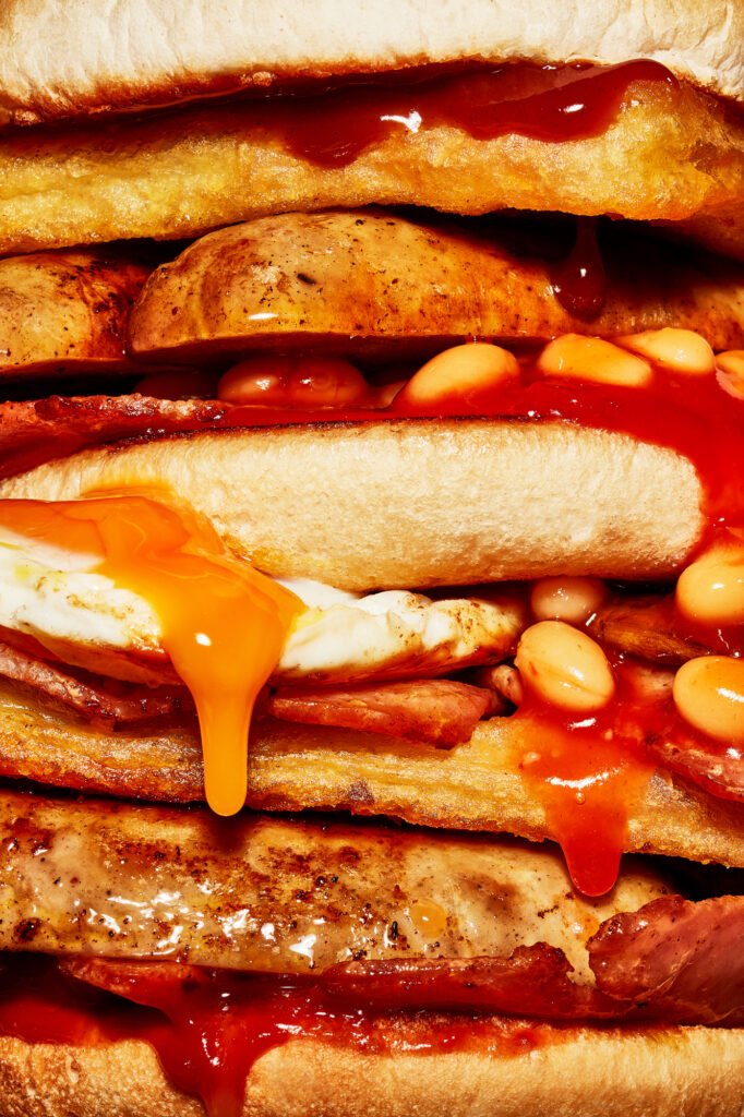Macro Food Photograph of a MASSIVE Breakfast Burger