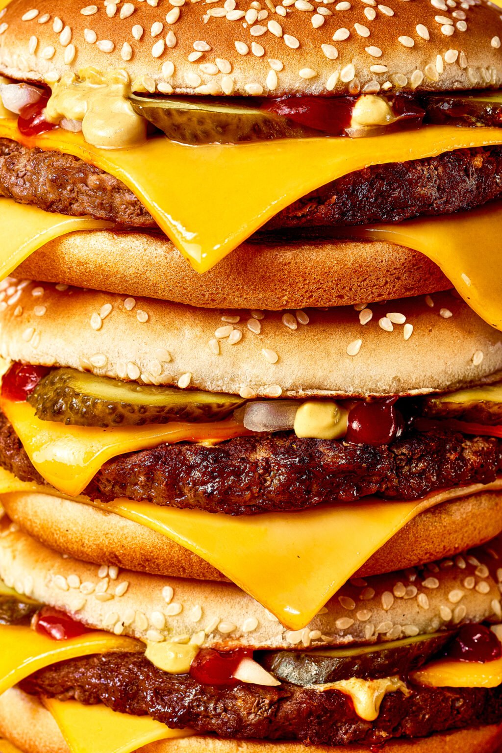 Close-up of several stacked cheeseburgers with sesame buns, melted cheese, beef patties, pickles, onion, ketchup and mustard
