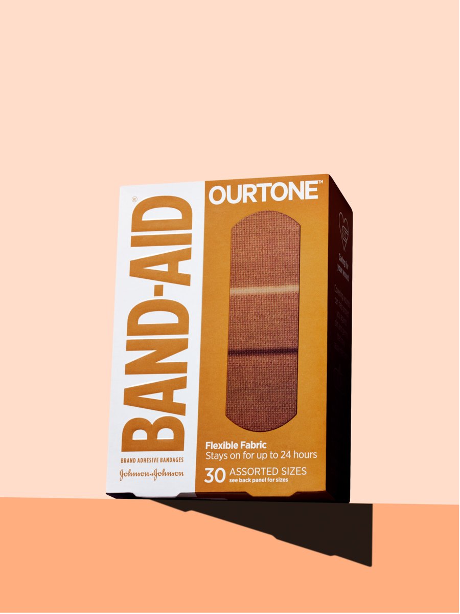 Box of Band-Aid Ourtone flexible fabric bandages, 30 assorted sizes, stays on up to 24 hours