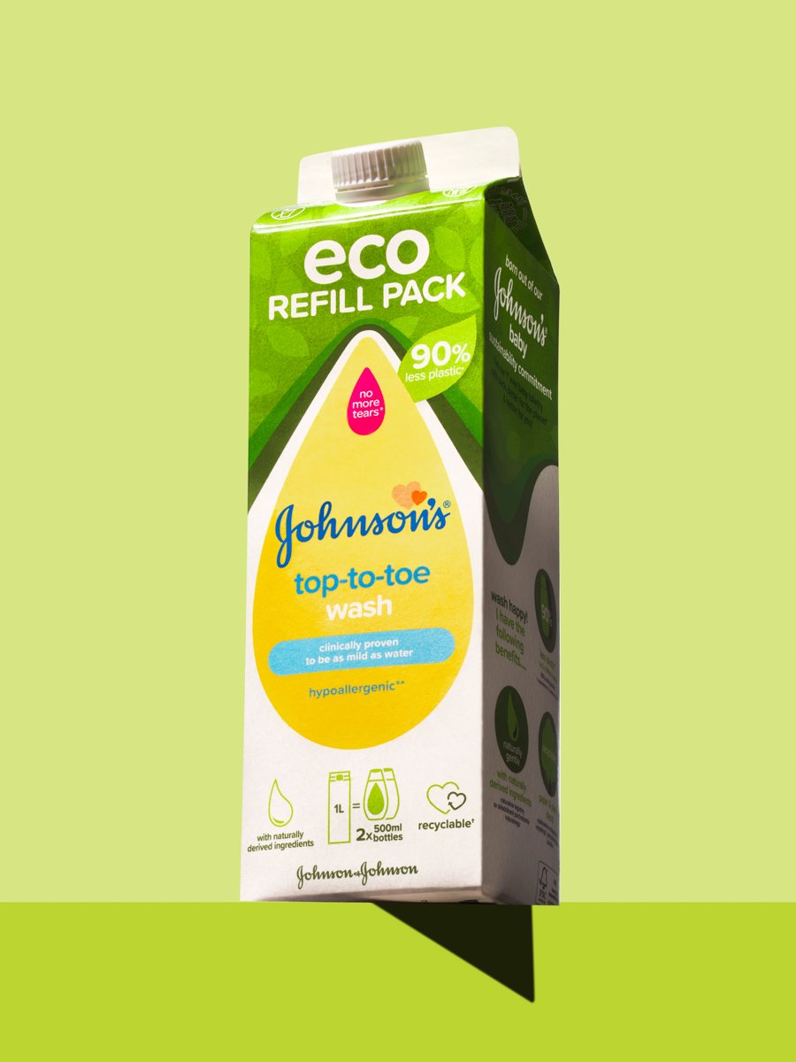Johnson's Top-to-Toe Wash Eco Refill Pack carton, 90% less plastic, hypoallergenic and recyclable
