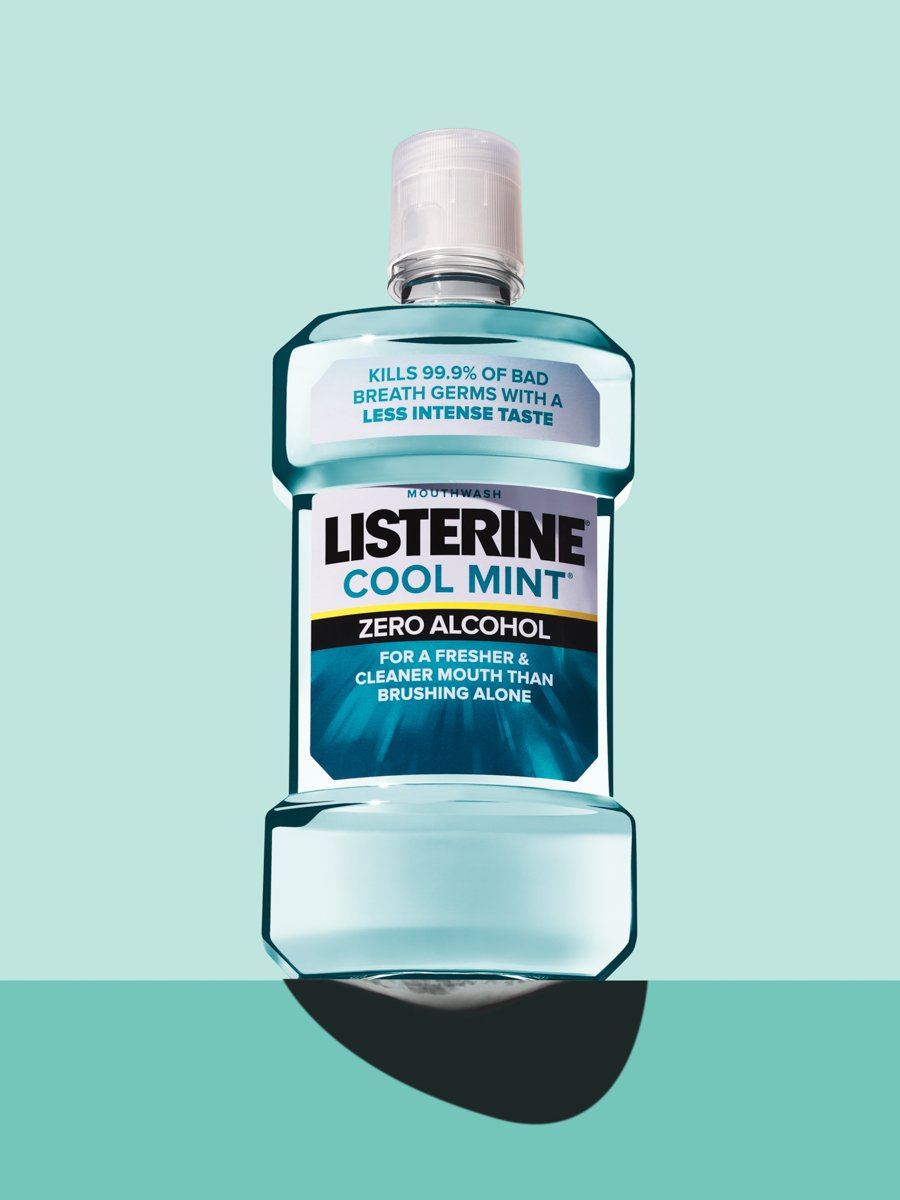 Bottle of Listerine Cool Mint Zero Alcohol mouthwash, kills 99.9% of bad breath germs with a less intense taste