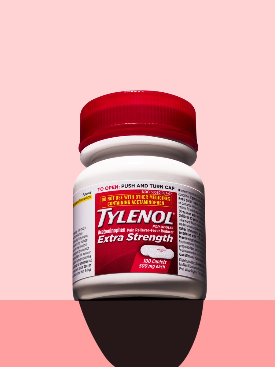 Bottle of Tylenol Extra Strength acetaminophen caplets, 500 mg, 100 count, for adults