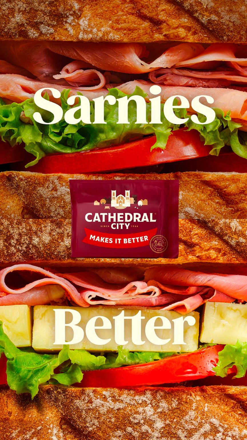 OOH campaign for cathedral city of a sarnie with cheese photographed by scott choucino