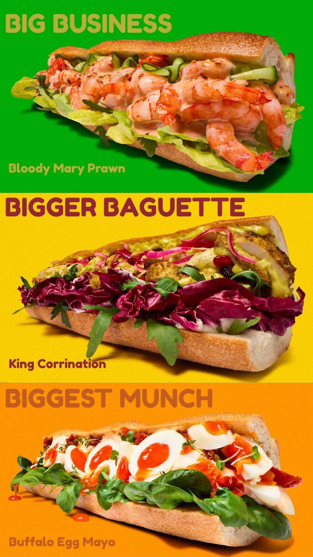 three different baguettes in an advert by food photographer scott choucino
