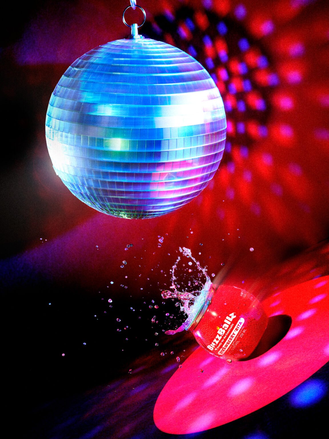 photograph of a buzzballz drink in a disco still life scene by a professional drinks photographer